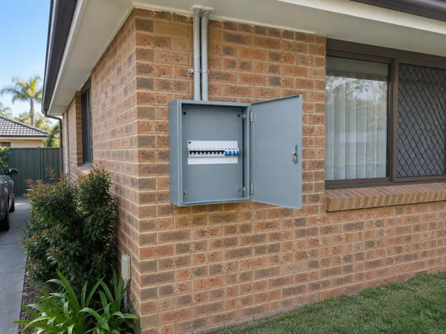 Open grey switchboard on a brick exterior wall beside a window in a suburban house in Tuggerah